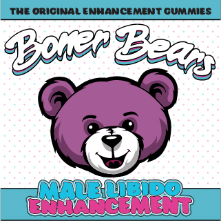 Boner Bear logo for male enhancement. Has a picture of a purple bear on the top of the page with the words "Male Libido Enhancement" underneath the bear.